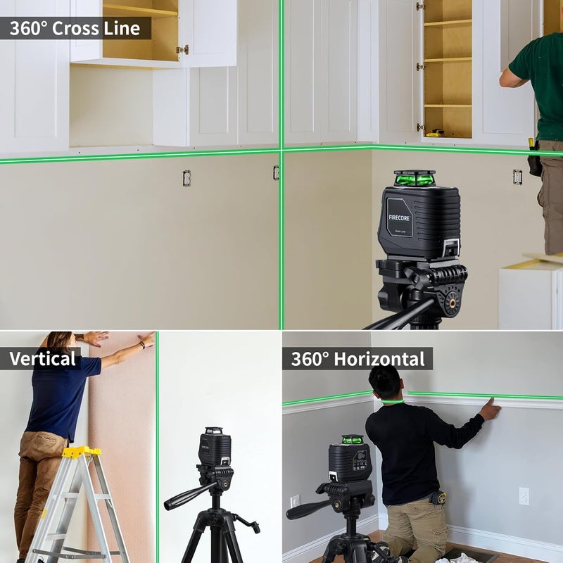 Firecore 360° Laser Level with Tripod, 100Ft Self Leveling Laser Level Green Cross Line Laser Leveler Tool for Picture Hanging Wall Tile Floor Construction, 60" Compact Tripod & Carry Pouch Included - Image 2